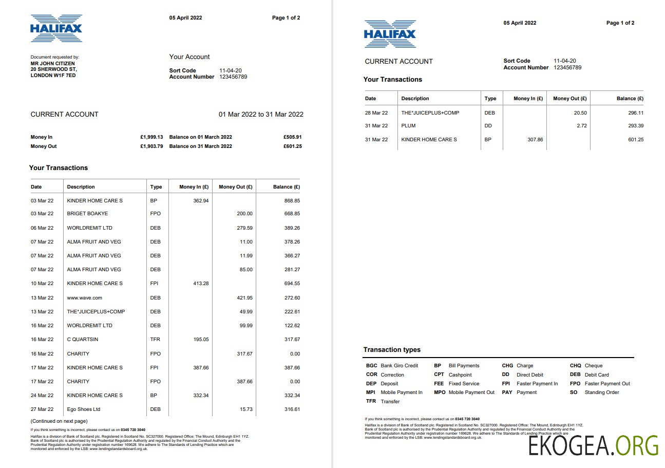 Modèle Word et PDF de relevé bancaire d'Halifax au Royaume Uni, 2 pages, version 2